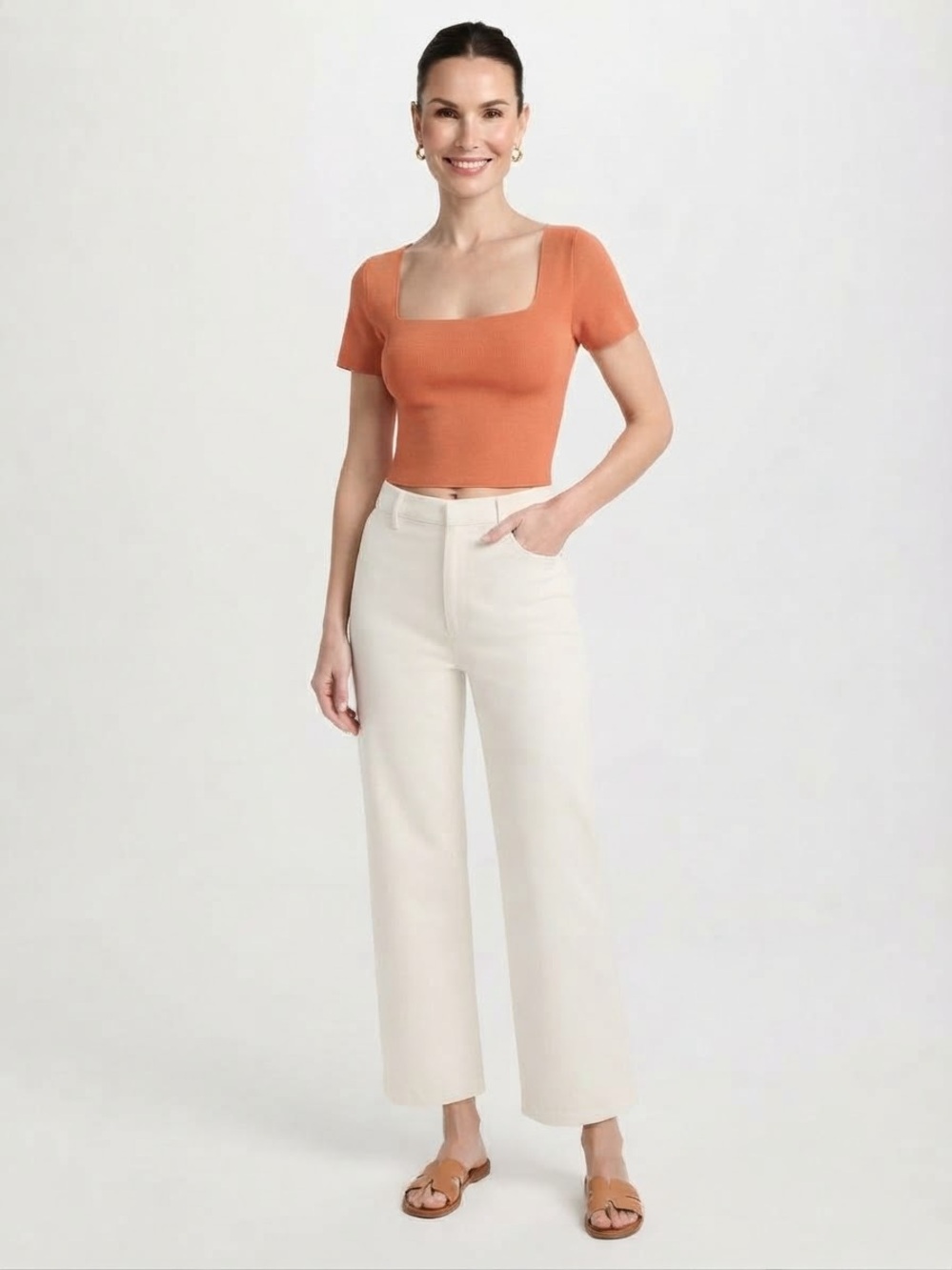 Unbranded Women’s Orange Knit Square Neck Short Sleeve Lace-Up Back Crop Top